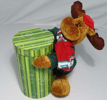 Green Box & Reindeer | Chocolate Covered Peanuts - This special plush reindeer is holding a large round box of double dipped chocolate covered peanuts.  A decorative bow is attached at the top.